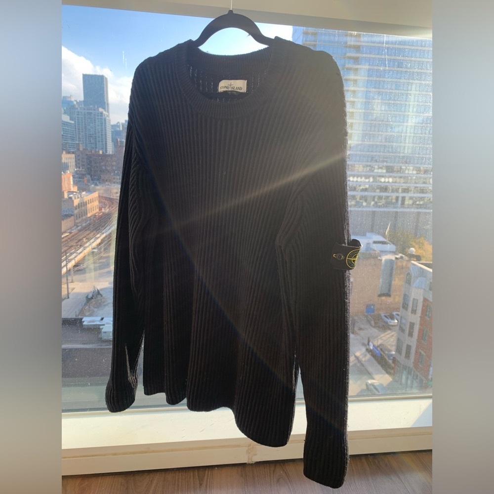 STONE ISLAND Black Wool Ribbed Logo-Appliquéd Crew Neck Sweater